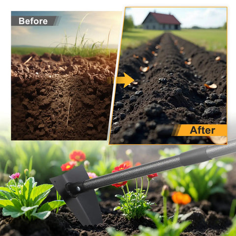 Before and after garden bed soil with Triangle Garden Hoe With A 60 Inch Long Handle For Weeding Digging And Loosening Soil Heavy Duty Metal Garden Tool For Transplanting Trenches Beds Edging And Bed Maintenance Rust Resistant Welded Construction