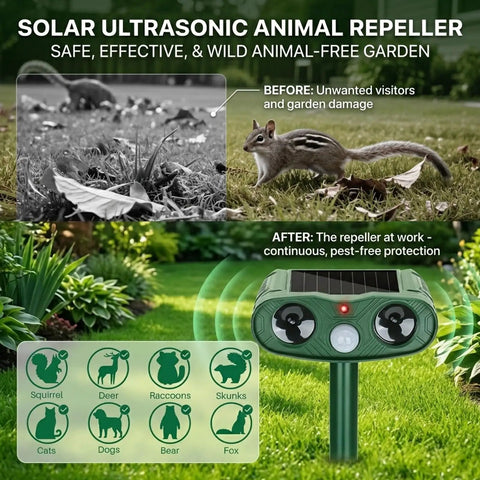 Motion Activated Outdoor Animal Repellent 2 Pack For Deer Raccoons Cats Squirrels With 110 Degree PIR Sensor To Guard Your Garden And Plants From Intruders And Nuisance Wildlife, solar garden stake