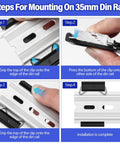 Mounting process for 10 Pack Din Rail Mount Clips 1.02 Inch Wide Snap In Universal Brackets Fixed Clamp Black Aluminum Alloy Relay Clip For 35mm DIN Rail Switches And Injectors Heavy Duty Tough As Nails Quality shown in four steps.