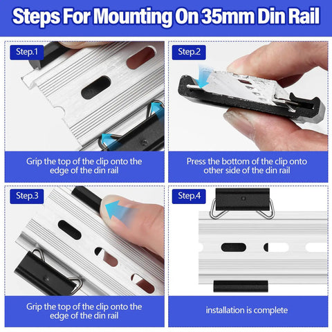Mounting process for 10 Pack Din Rail Mount Clips 1.02 Inch Wide Snap In Universal Brackets Fixed Clamp Black Aluminum Alloy Relay Clip For 35mm DIN Rail Switches And Injectors Heavy Duty Tough As Nails Quality shown in four steps.