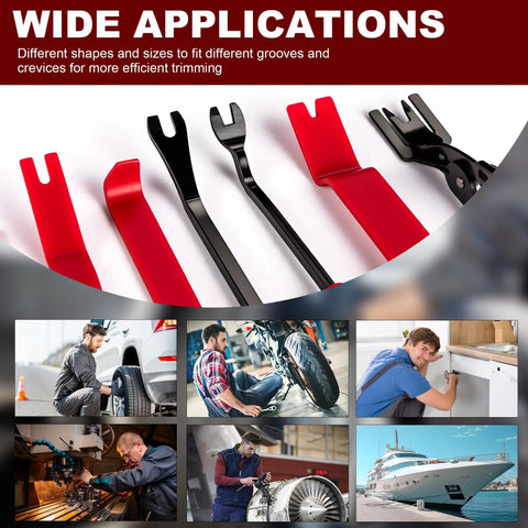 Solid Gear 8 Piece Auto Trim Removal Kit With Non Scratch Pry Bars And Heavy Duty Fastener Clip Pliers For Smooth Car Panel And Dash Restoration Jobs Daily showing various pry bars and clip tools.