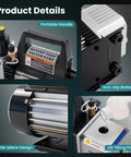 4 CFM Single Stage Vacuum Pump 110V with R134a AC Manifold Gauge Set details showing handle, anti-slip bottom, and oil port