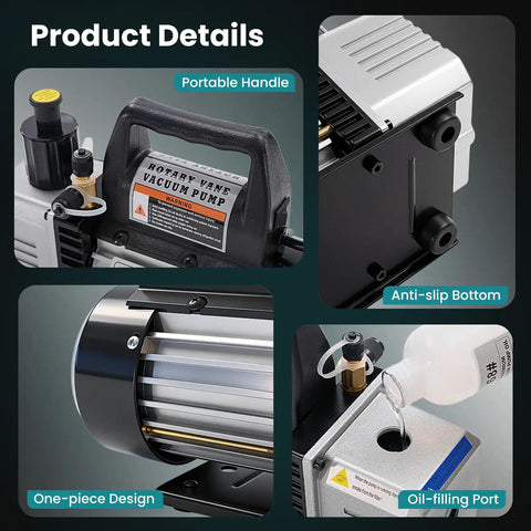 One Third Horsepower Single Stage Rotary Vane Vacuum Pump Kit With R134a Manifold Gauge Set Leak Detector showcasing portable handle, oil-filling port, and anti-slip bottom.