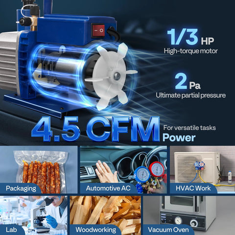VIVOHOME blue HVAC vacuum pump, 1/3 HP, 4.5 CFM, sparkless motor for auto AC refrigerant systems (front view)