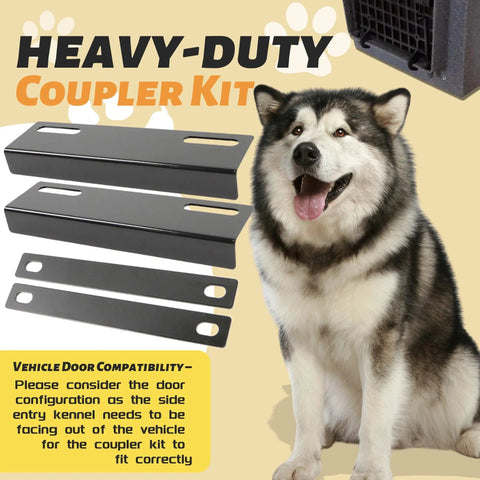 Two Kennels Side By Side Coupler Kit With Two Top Brackets And Two Bottom Braces Includes Eight Mounting Bolts And Washers For Secure Transport Of RuffLand Medium To Large Kennels Not For X Large Crates displayed with a dog.