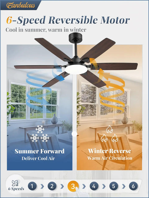 52 Inch Indoor Outdoor Ceiling Fan With Lights, Modern Reversible Blades, 6-Speed Quiet DC Motor for Summer and Winter Use.