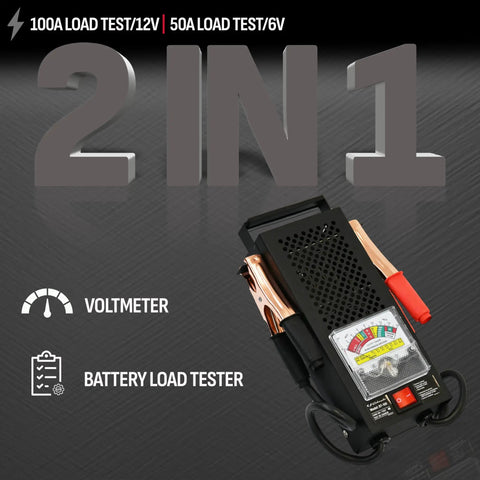 3 In 1 Battery Load Tester For 6V And 12V Cars And Diesels, Analyzes Battery Health, Tests Charging System And Starter, Handles Up To 1000 Cranking Amps With 50 Amp 6V And 100 Amp 12V Load, Model BT100. 100A/50A voltmeter tester