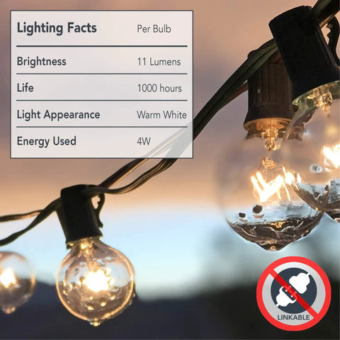 Close-up of 100 Ft Clear Globe G40 Outdoor String Lights on Black Cord with Bendable Easy Install Bulbs for Backyard Entertaining Vibes