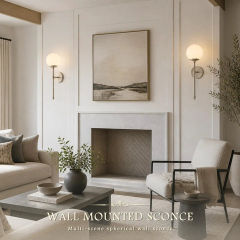 KoKo&Yukina 2 Pack Nickel Mid Century Wall Sconce Bedroom Bulb Included, spherical globe design mounted in living room.