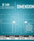 Diagram of 3E-34N dual-purpose pump dimensions in inches and weight in pounds. Includes Dual Purpose Inline Or Submersible Pump 115V One Fifteenth HP 670 GPH Oil Filled Water Pump With 10 Ft Cord For Fountains Statues Water Displays AC Cooling And Small Projects.