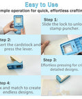 Steps showing how to use Big 1.5 By 1.25 Inch Stamp Punch For Scrapbooking And Card Making. Features easy handheld lever operation.