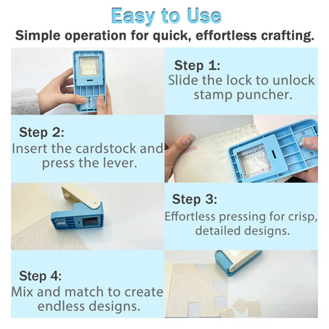 Steps showing how to use Big 1.5 By 1.25 Inch Stamp Punch For Scrapbooking And Card Making. Features easy handheld lever operation.