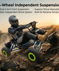 Person driving Electric Go Kart For Adults And Teens With Long Range Up To Thirty Miles Peak Two Thousand Five Hundred Watt Off Road Go Kart Beast Three Speed Modes From Twelve To Thirty One MPH Four Wheel Suspension And Water Resistant Wiring on rocky terrain