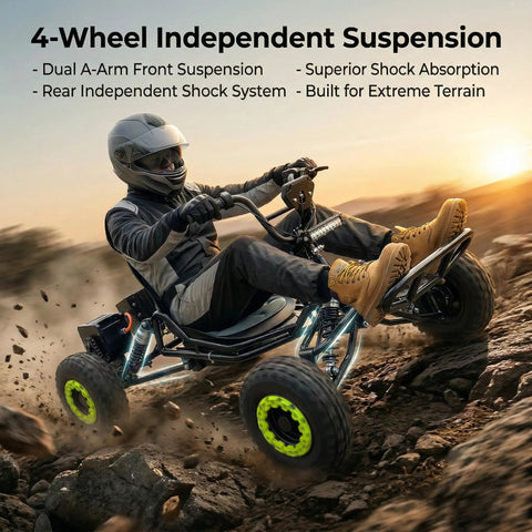 Person driving Electric Go Kart For Adults And Teens With Long Range Up To Thirty Miles Peak Two Thousand Five Hundred Watt Off Road Go Kart Beast Three Speed Modes From Twelve To Thirty One MPH Four Wheel Suspension And Water Resistant Wiring on rocky terrain