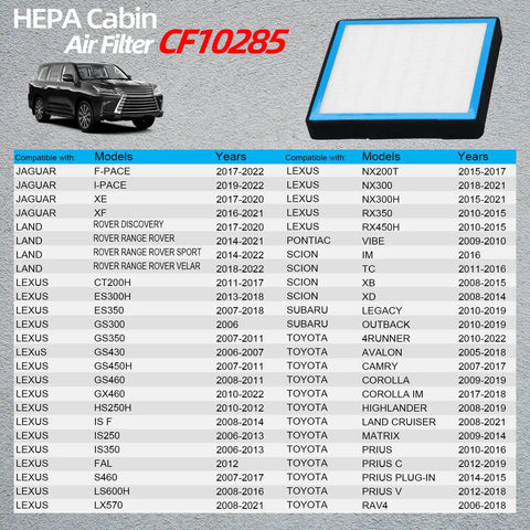 Cabin Air Filter Replacement CF10285 With HEPA And Activated Carbon for Land Rover, Lexus ES300h, Toyota 4Runner, Corolla, Sienna visible