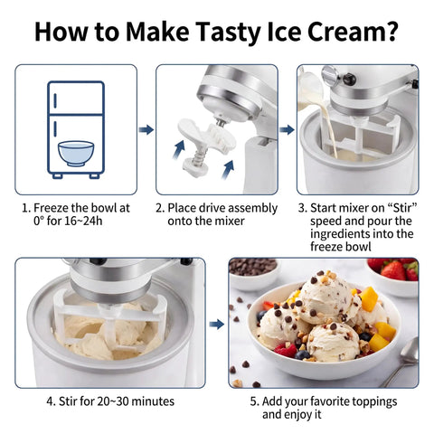 Ice Cream Maker Attachment Set For Tilt Head Stand Mixers, 2 Piece Paddle And Drive Assembly, replacement guide with frozen bowl and ice cream