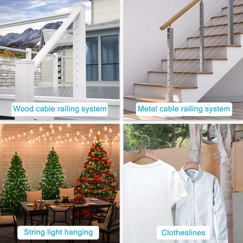 Various uses of 500 Ft One Eighth Inch Stainless Steel Cable Railing Kit T316 with 7x7 Wire Rope in home and outdoor settings.