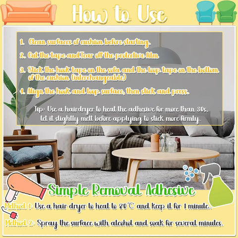 Instructions for using 6 Inch Wide Couch Cushion Non Slip Pads With 9.84 Ft Adhesive Hook And Loop Tape on a living room sofa.
