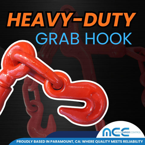 Heavy Duty Lever Snap Binders For Flatbed Trailers One Half To Five Eighths Inch Grade Seventy Transport Chains For Quick Cargo Securement Thirteen Thousand Pound Working Load Capacity Four Pack featuring red grab hook close-up.