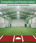 Indoor practice space with Pro Grade Batting Mat For Baseball Hitting Practice 9.8 Feet By 3.8 Feet Batting Cage Mat with home plate.