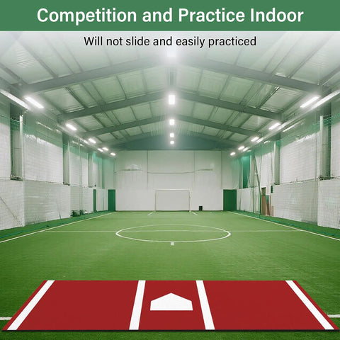 Indoor practice space with Pro Grade Batting Mat For Baseball Hitting Practice 9.8 Feet By 3.8 Feet Batting Cage Mat with home plate.