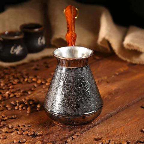 Copper Turka Coffee Maker 17 Oz Turkish Cezve Coffee Pot 500 Ml With Grapes Ornament Engraved Ibrik Mini Saucepan