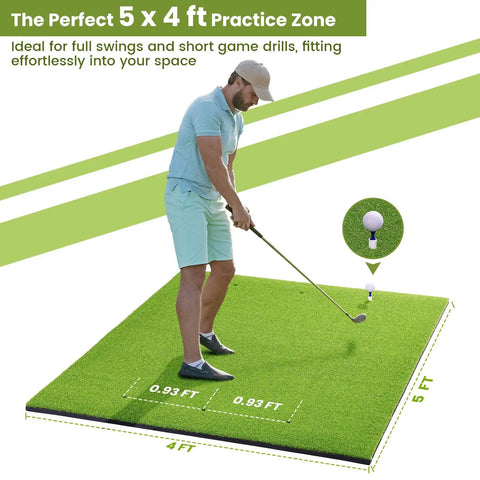 Man practicing golf on Big League Golf Hitting Mat 5x4ft Or 6x4ft For Indoor Or Outdoor Practice Thick 26mm High Elasticity Artificial Turf Mat.
