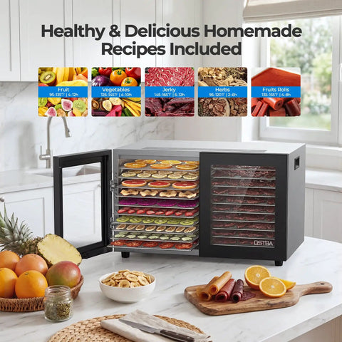 Built Different Dual Zone Food Dehydrator With 20 Spacious Trays And 1300 Watts, showcasing dried fruits and jerky.