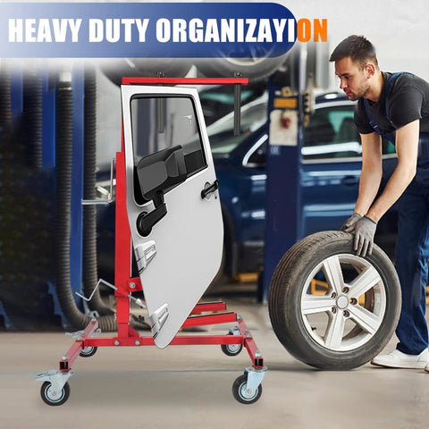 Heavy Duty Adjustable Car Door Installer And Remover Jack Lift Hoist With Swivel Base For Automotive Repair Shop Tools Fits Doors Up To 52 Inches Tall in use with door mounted.