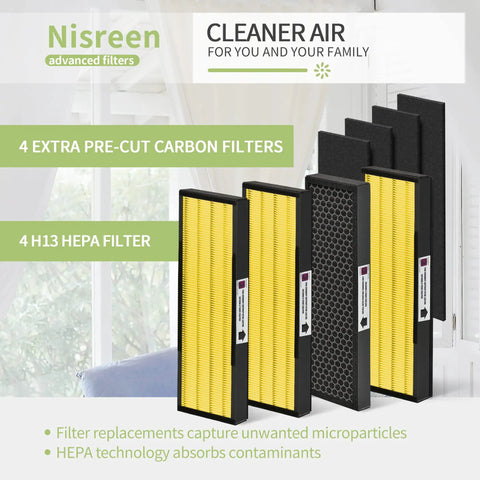 Image of Germ Guardian Compatible HEPA Filter C Replacement with 4 H13 HEPA filters and 4 pre-cut carbon filters for air purifiers.