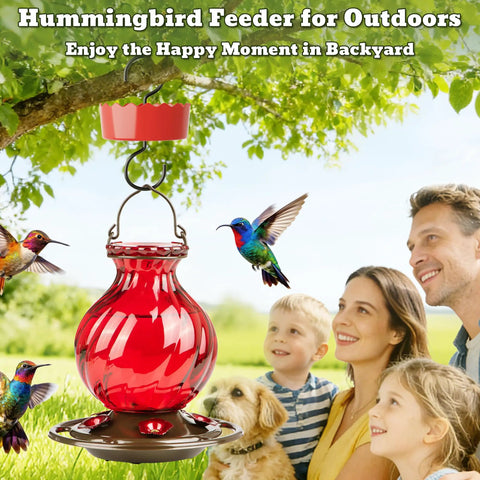 Hummingbird Feeder Glass 26 Ounces Outdoor Hanging With Ant Moat 5 Flower Ports Rustproof And Leakproof Netted Flower Bud Bottle Red US Patent Design Keeps Bees And Ants Out For Real