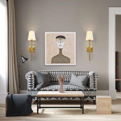 Living room with Gold Wall Sconces Set Of 2 Hardwired Dimmable Slick Slim Metal Wall Lighting With Fabric Shades, on gray walls