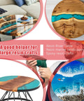 Composite image featuring resin river tables with flowing blue epoxy designs, highlighting resin marine and epoxy craft applications.
