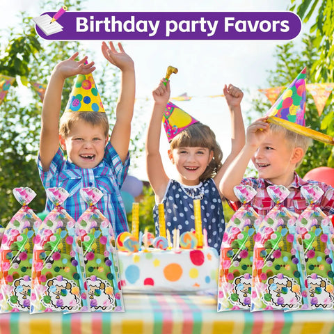 Children enjoying party with gift bags from 24 Pack Cute Stationery Set For Classroom Rewards And Gift Bags Includes Mini Notebooks Pencils.