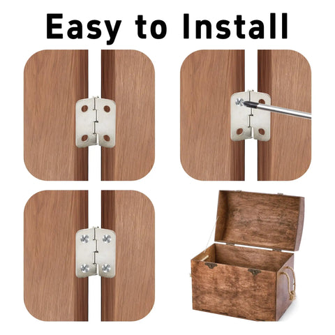 80 Pack Mini Hinges With 320 Screws, Small Iron Folding Butt Hardware For Wood Boxes, showing installation steps on a wooden box.