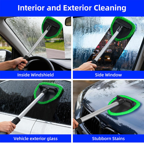 Extendable Car Window Cleaner With Four Reusable Microfiber Pads Aluminum Pole And 50ml Spray Bottle Inside Glass Wiper Kit in use on car windows