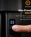 Game Changer Burr Coffee Grinder With Single Dose Design And Super Quiet Dc Motor shows one-press start button with display.