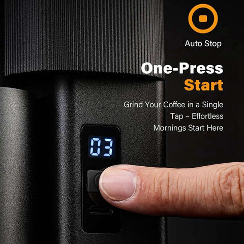 Game Changer Burr Coffee Grinder With Single Dose Design And Super Quiet Dc Motor shows one-press start button with display.