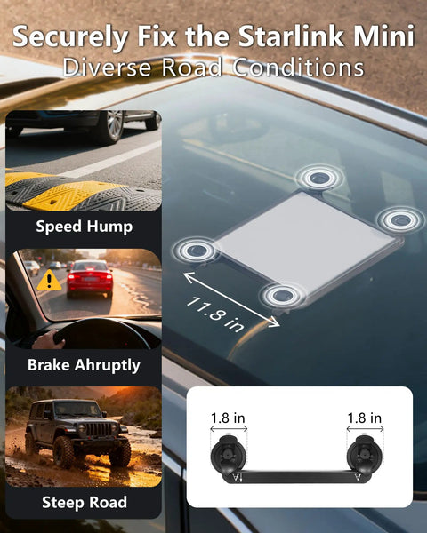 Heavy Duty Starlink Mini Suction Mount For Window Sunroof Rock Solid Carbon Steel Frame Grip Shake Free Perfect For Rv Yacht Car Home Black Strong Sucker Stick Anywhere You Road Trip on vehicle rooftop with dimensions.