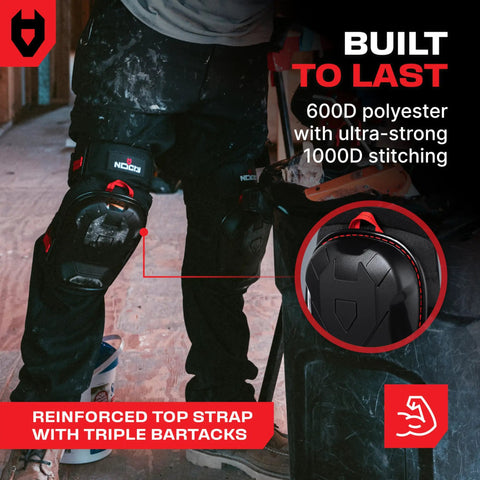 Heavy Duty Construction Knee Pads With Ankle Support And Anti Slip Cap For Men Foam Cushion And Extra Thick Gel Padding Reinforced Thigh And Shin Straps For All Day Comfort On The Job worn by a person on a construction site
