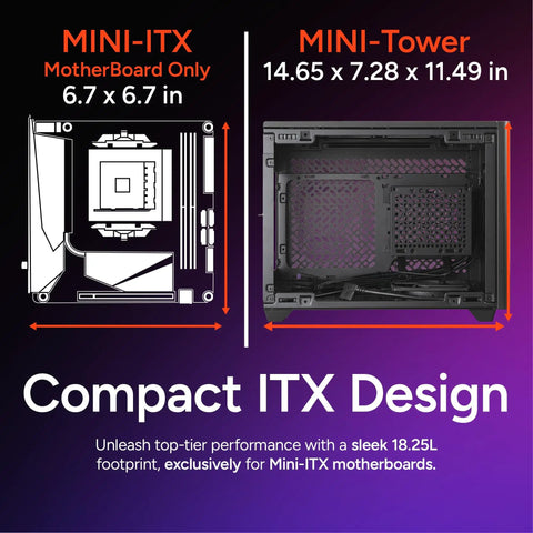 NR200P V2 Mini ITX PC Case Built For SFX PSU 280mm AIO Ready 357mm Vertical GPU Mount Tempered Glass DIY Friendly Nvidia RTX 5090 And AMD RX 9070 XT Build, with compact ITX design and dimensions displayed.