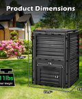 Outdoor Compost Bin 80 Gallon Aerated Compost Box With Top Flip Lid placed in a garden, showing dimensions and black color.