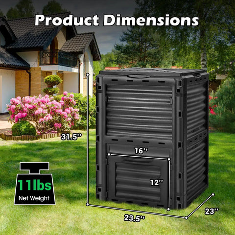 Outdoor Compost Bin 80 Gallon Aerated Compost Box With Top Flip Lid placed in a garden, showing dimensions and black color.