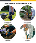 Four images showing Heavy Duty Leather Palm Work Gloves For Men With HydraHyde Water Resistant Leather And Flexible Spandex Back All Day Comfort Adjustable Closure Ideal For Construction Landscaping And Diy Projects Blue Large in use for landscaping, maintenance, gardening, and farming.