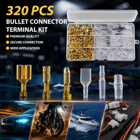 Badass 320 Piece Double Bullet Wire Connectors With Heat Resistant Nylon Sleeves 3.5Mm And 3.9Mm Male Female Brass Crimp Terminals in transparent box.
