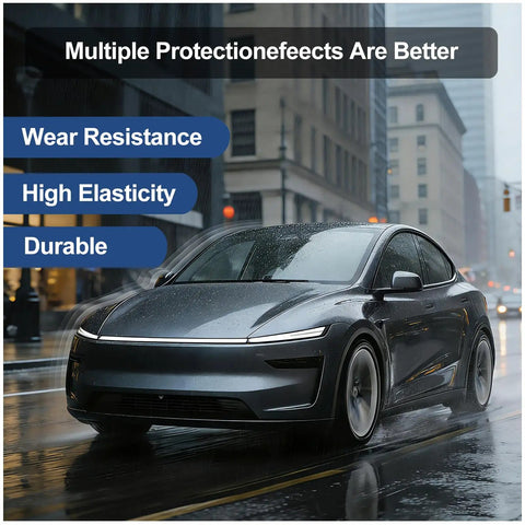 Tesla Model Y Juniper 2025 2026 with Precision Precut TPU Paint Protection Film on wet city street showcasing wear resistance and durability.