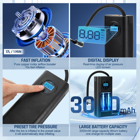 Cordless Tire Inflator Air Compressor For Cars Bikes Motorcycles And Balls Portable Rechargeable Mini Pump with LED Display