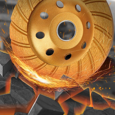 Pro Grade Turbo Diamond Cup Wheel Four And A Half Inch 115 Millimeters for concrete stone grinding in use with sparks