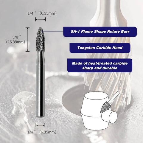 Flame Shape Tungsten Carbide Rotary Burr For Metalworking And Woodworking 4 Pack Grind It Down Deburring And Carving And Material Removal Tool For Automotive Repair And Other Projects with dimensions and features
