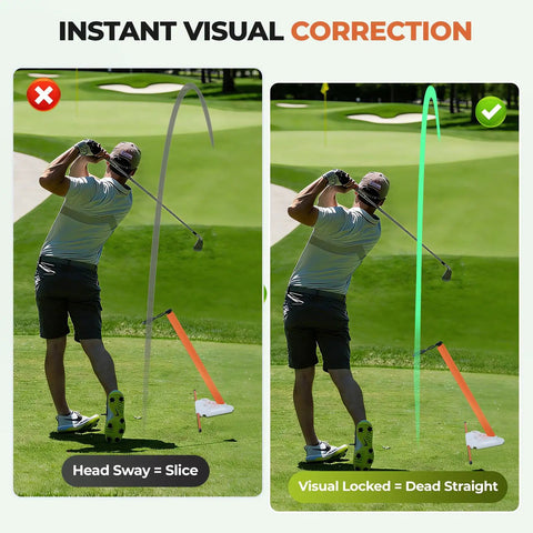 Visual Lock Golf Training Aid With Instant Visual Feedback For Head Stability And Swing Plane Mastery Stop Swaying And Slices For Driver And Irons showing swing correction with visual overlay on golfer